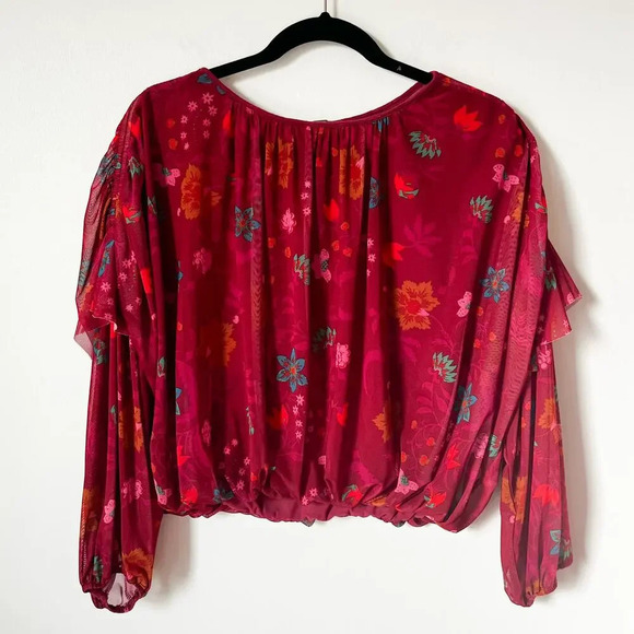Free People Wildflower Honey Floral Flounce Top XS Red Berry Sheer Mesh - Picture 2 of 11